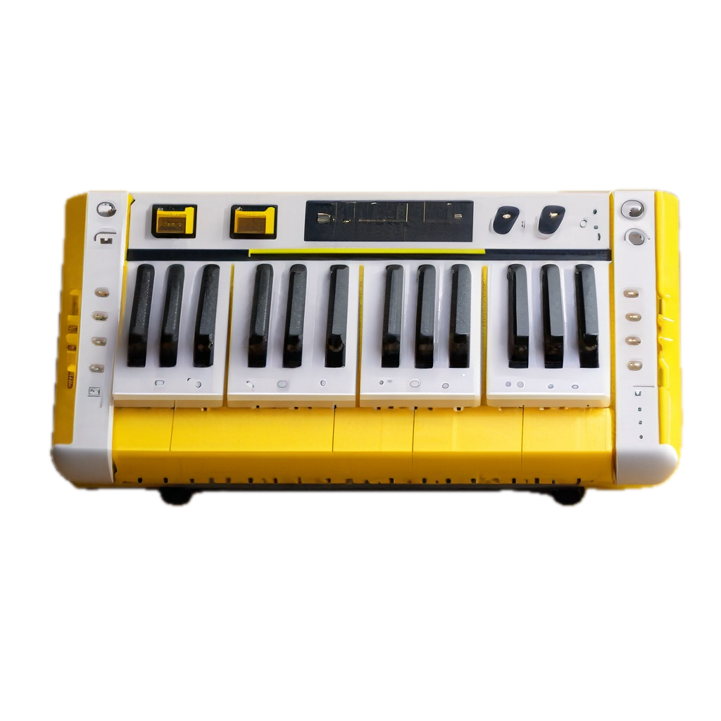 a yellow and white electronic keyboard on a black background