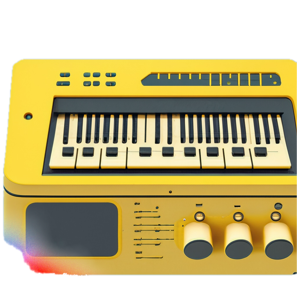 a yellow electronic keyboard with four knobs