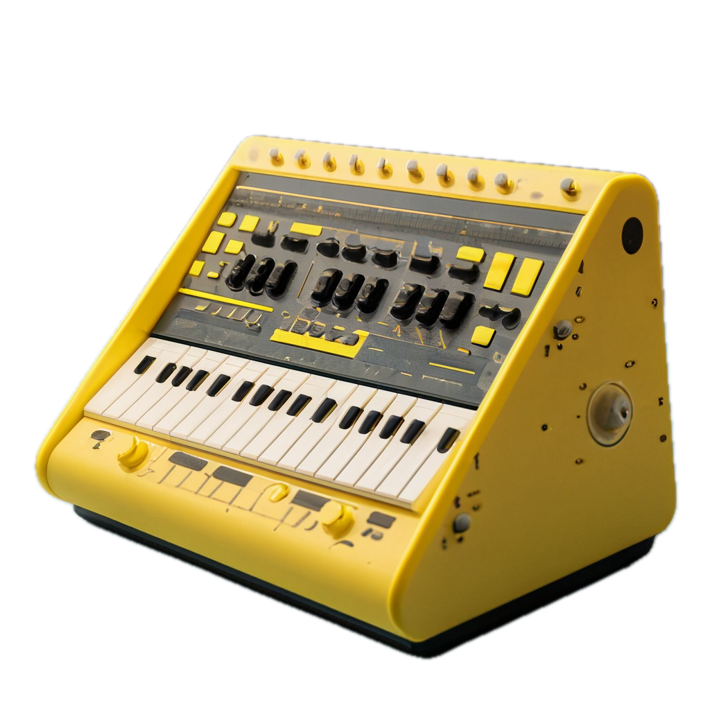 a yellow and black musical instrument on a black background