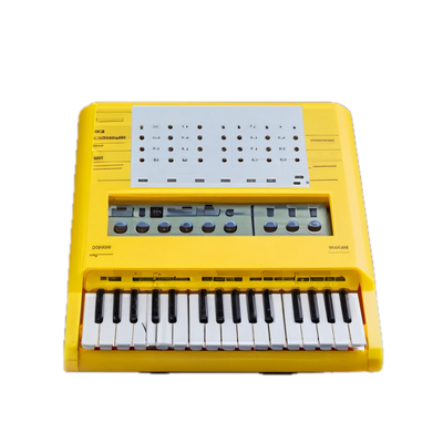 a yellow and white electronic keyboard on a black background