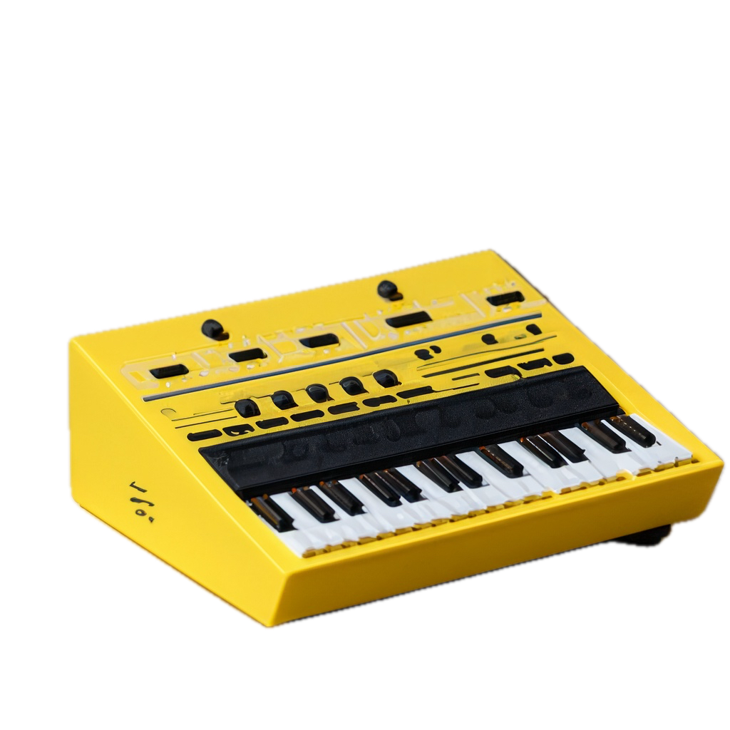 a yellow electronic keyboard with black keys on a black background