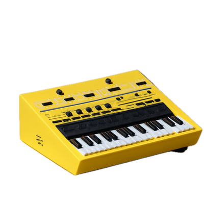 a yellow electronic keyboard with black keys on a black background