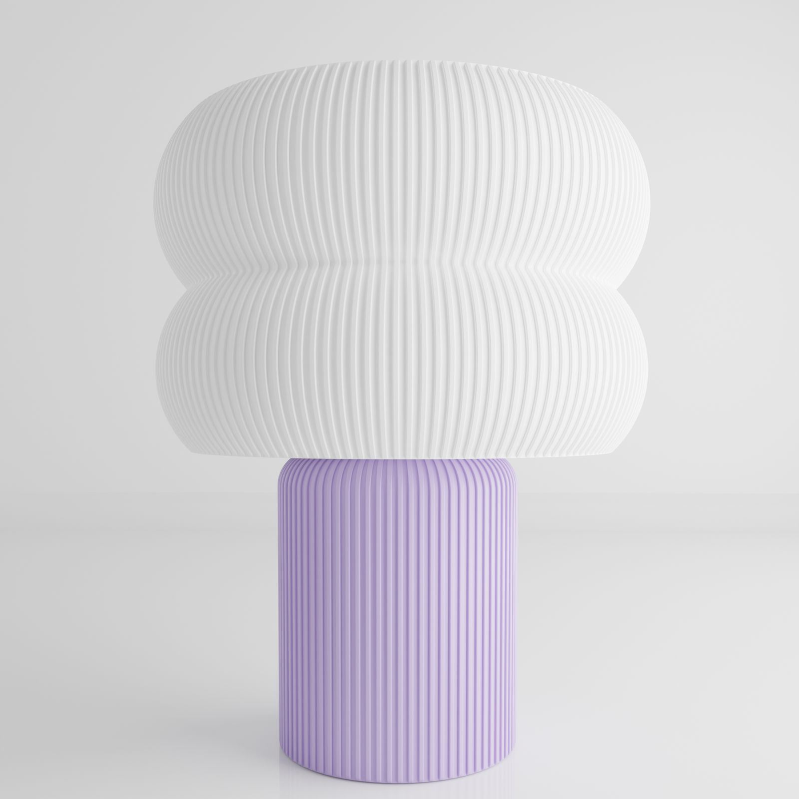 a white vase with a purple base on a white surface