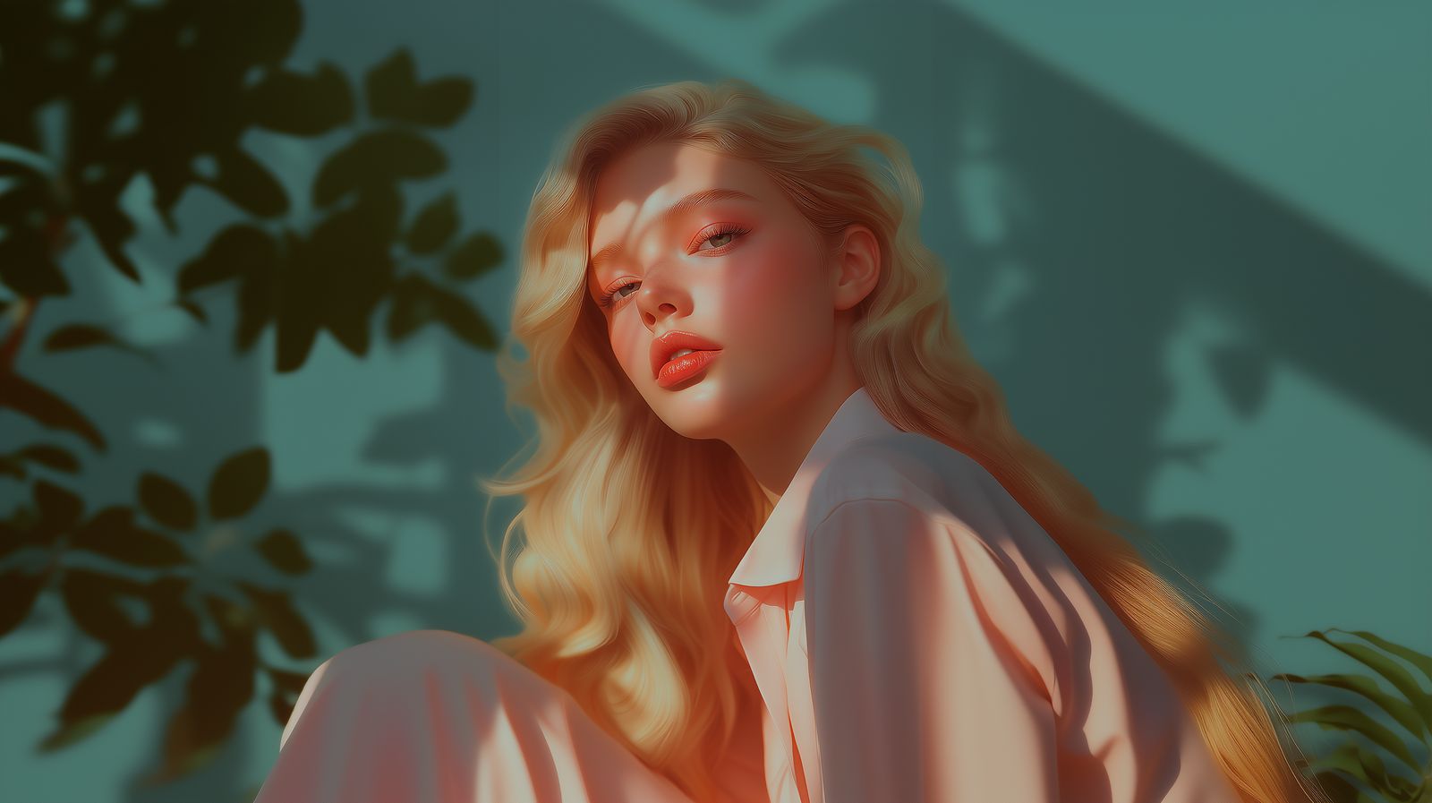 a digital painting of a blonde woman sitting in front of a tree