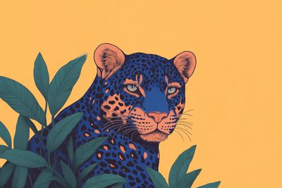 a painting of a leopard surrounded by leaves