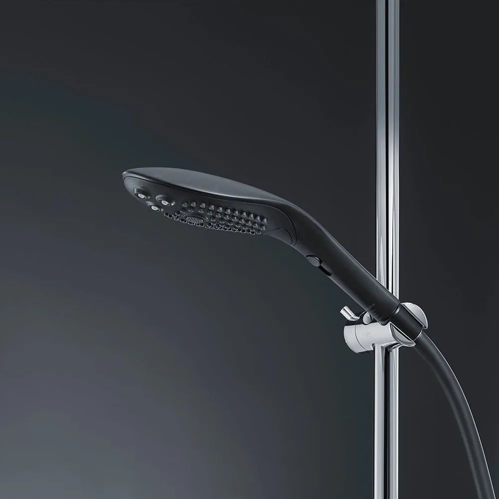 a close up of a shower head with a hand held showerhead