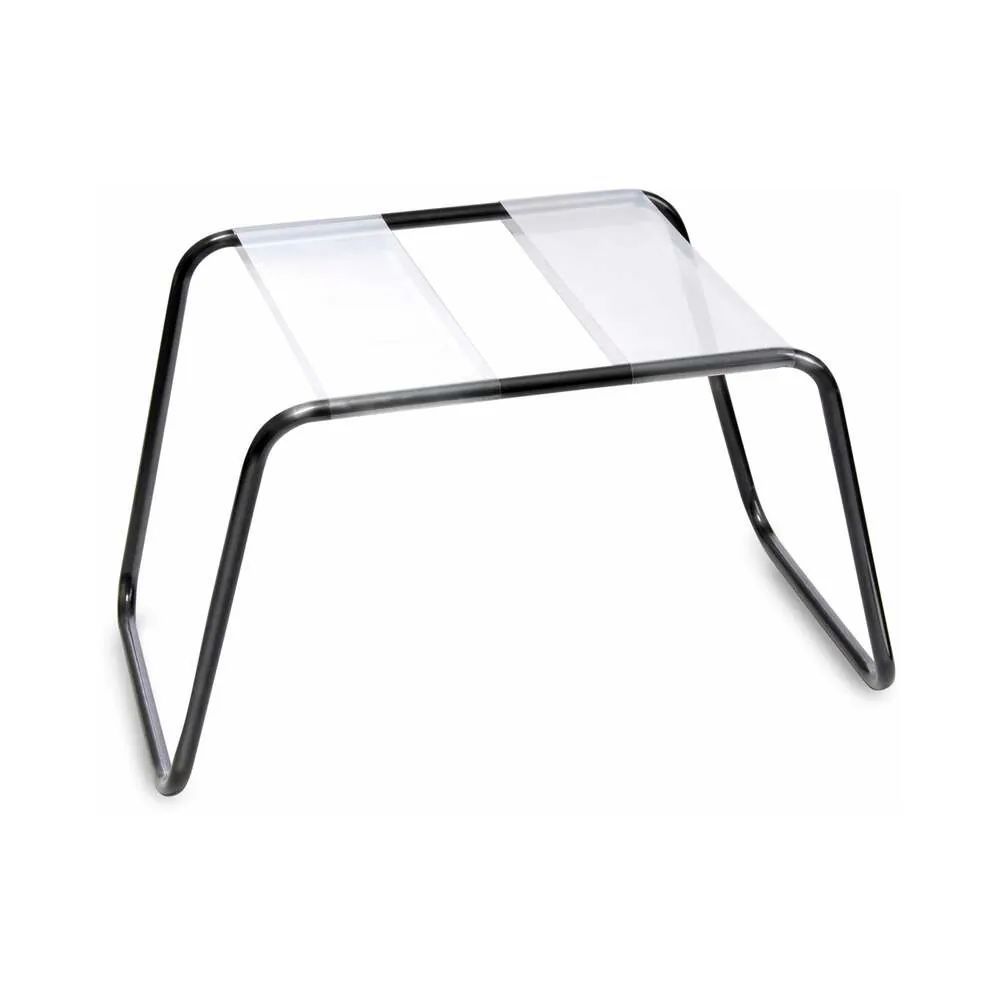 a glass table with a metal frame on it