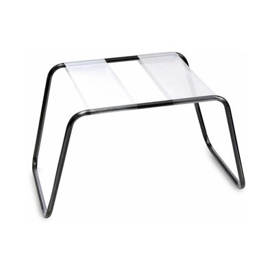 a glass table with a metal frame on it