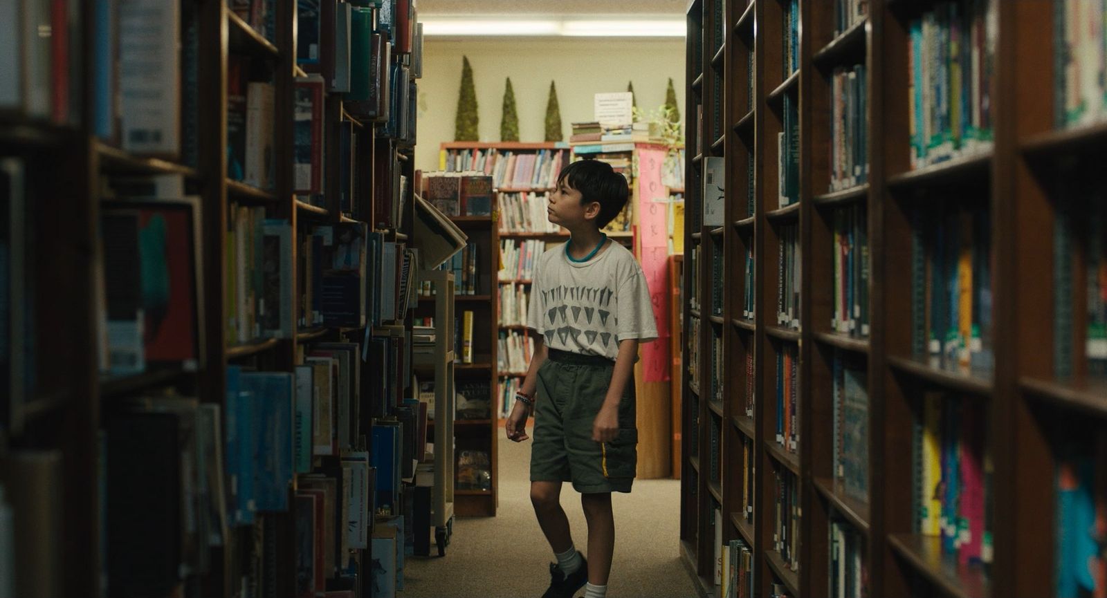 a young man standing in a library between rows of books