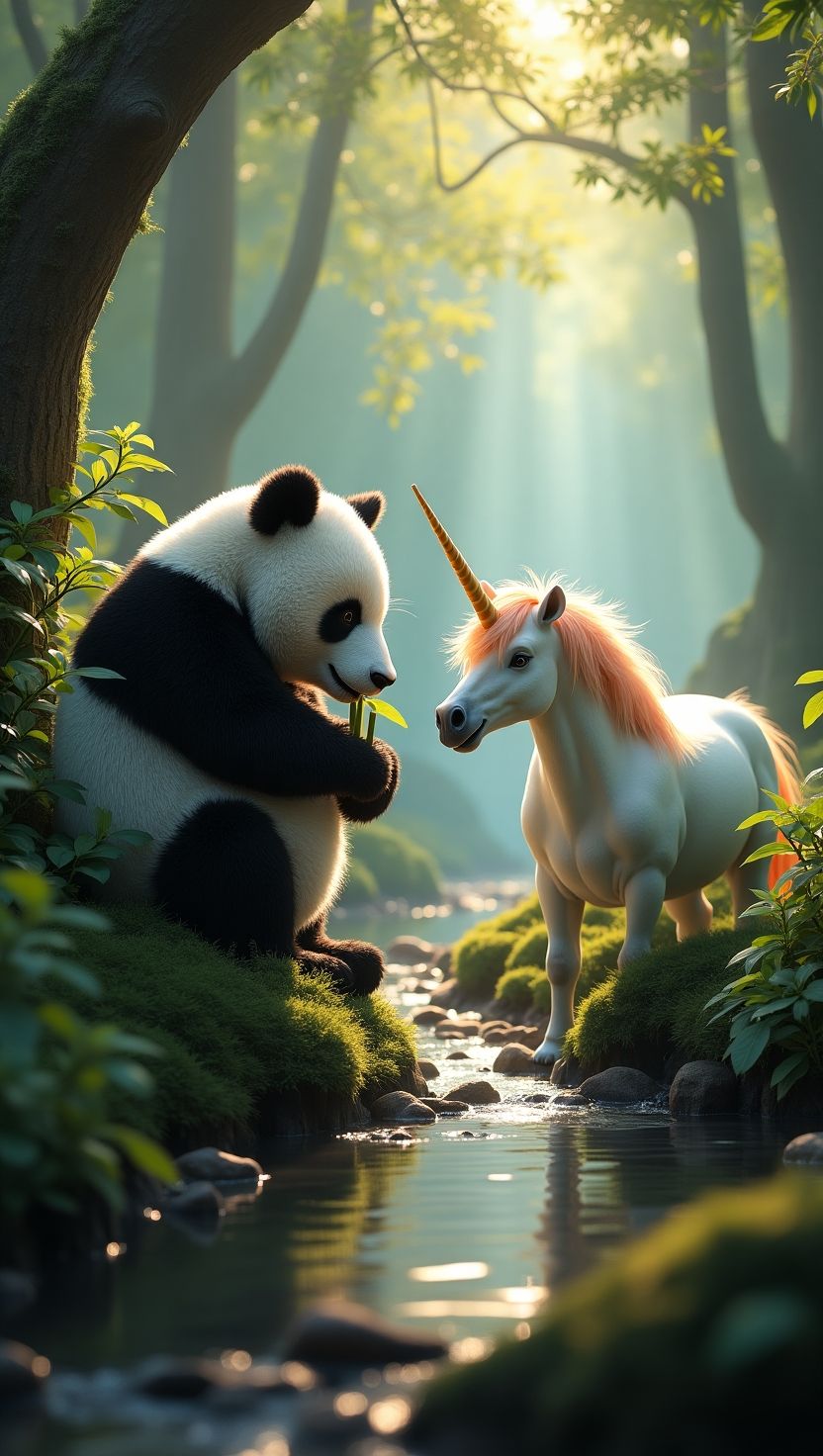 a panda bear sitting next to a white unicorn