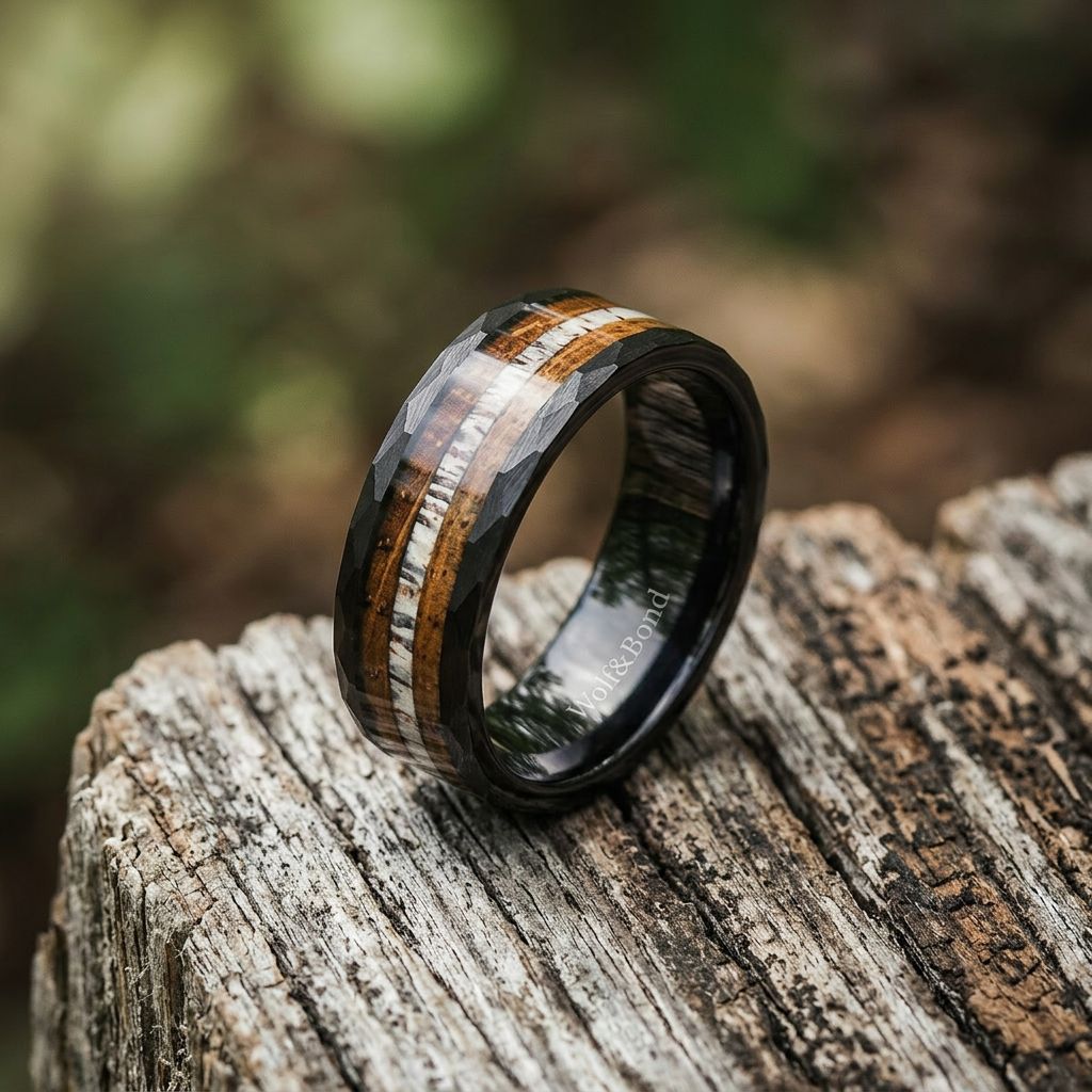 a wedding band with a wood inlay