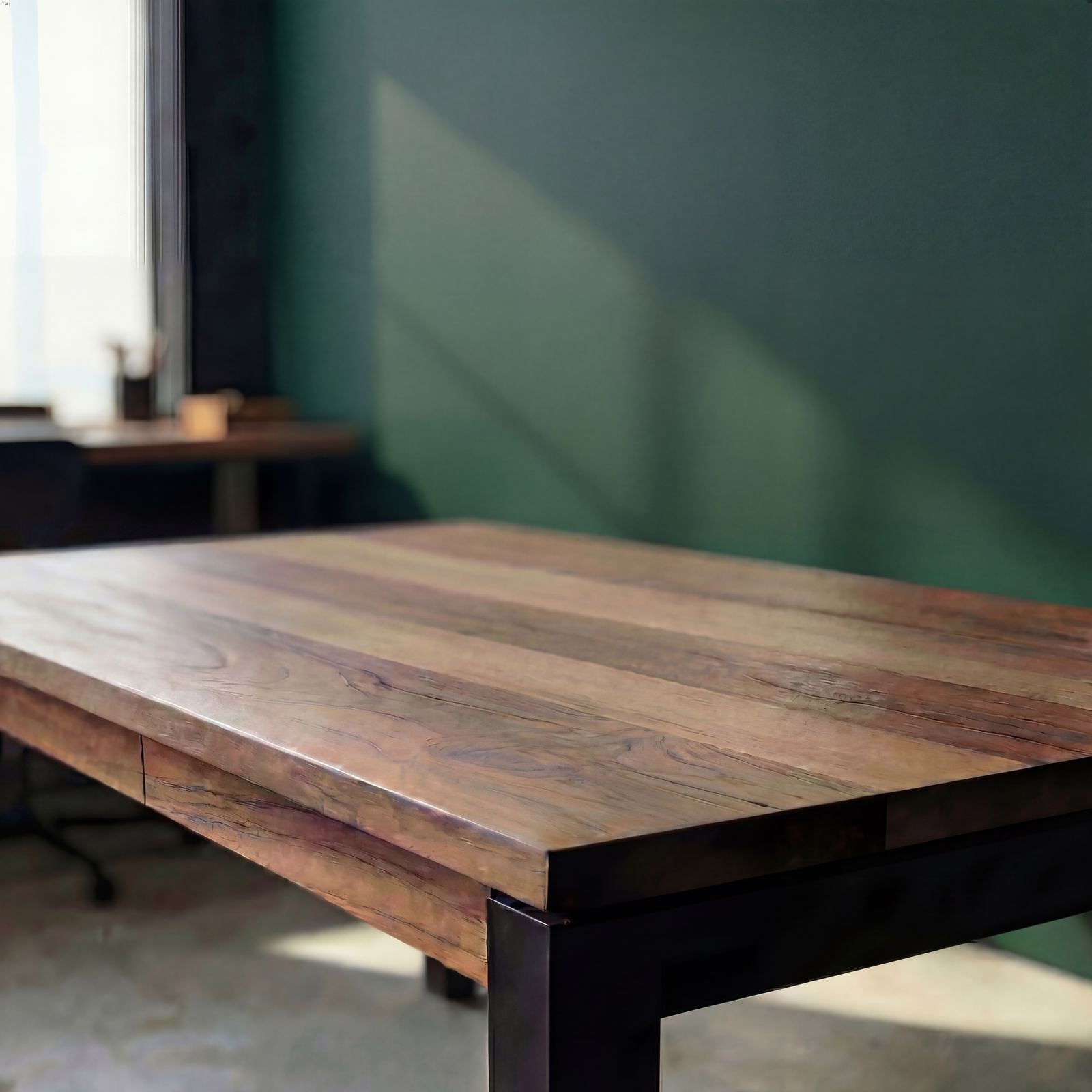 a wooden table sitting in a room next to a window
