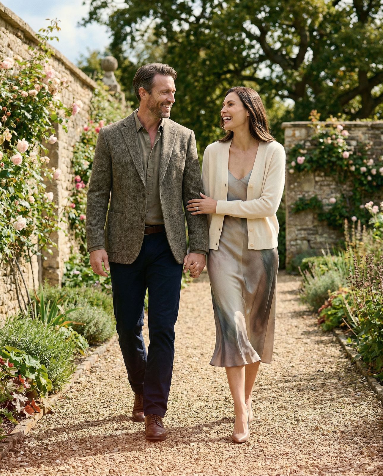 a man and a woman walking down a path