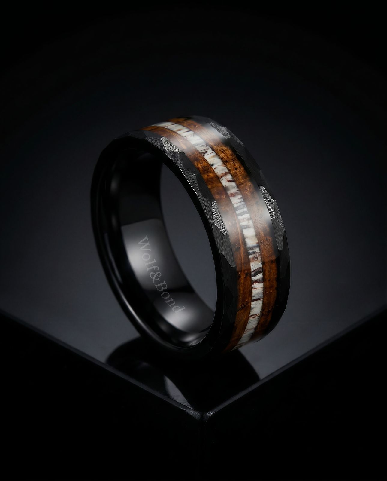 a wedding ring with a wooden inlay