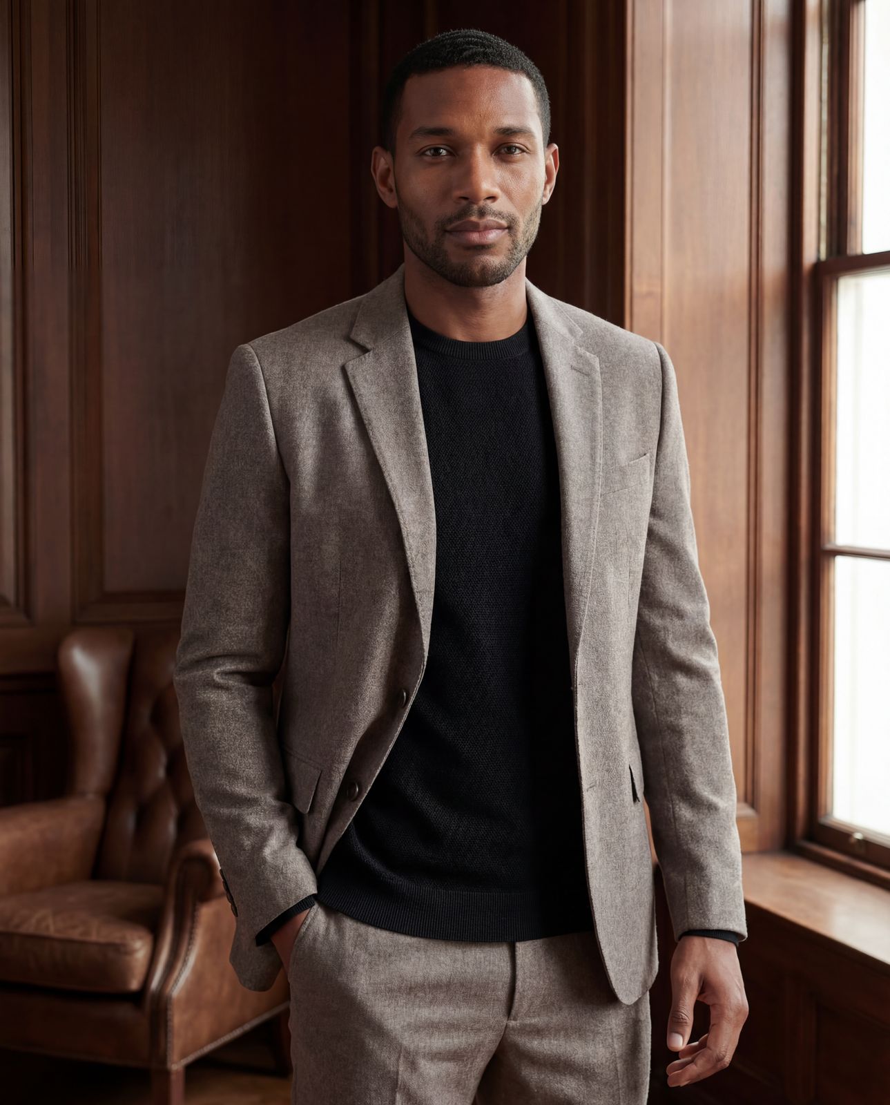 a man in a suit standing in a room