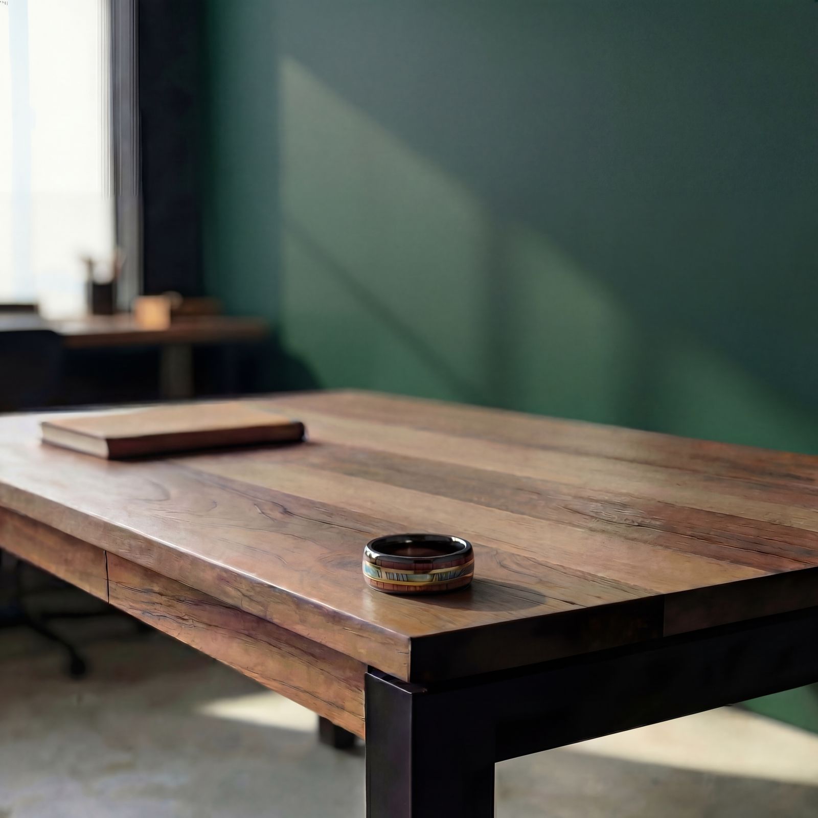 a wooden table with a cell phone on top of it