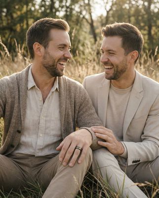 a couple of men sitting on top of a grass covered field