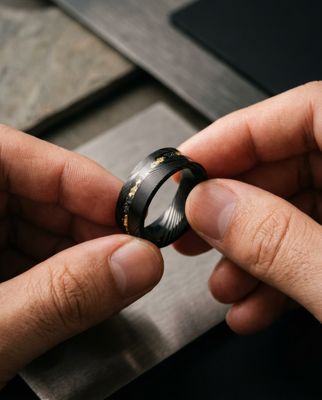 a man is holding a ring in his hand