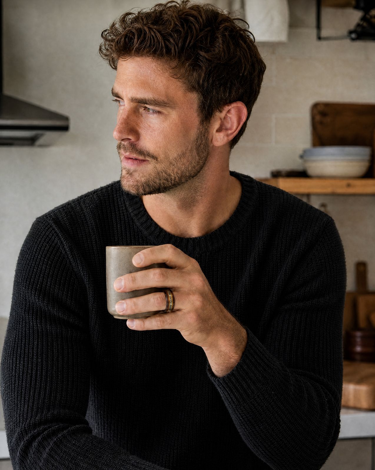 a man in a black sweater holding a coffee cup