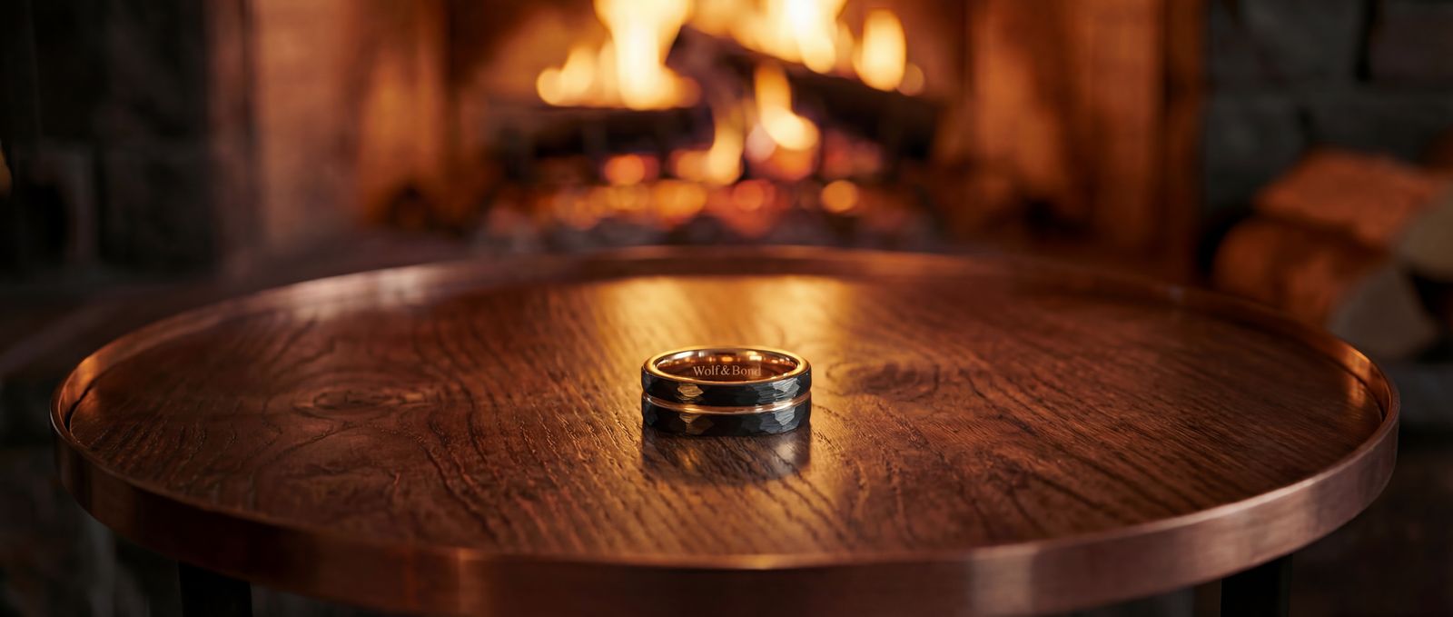 a wedding ring sitting on a table in front of a fireplace