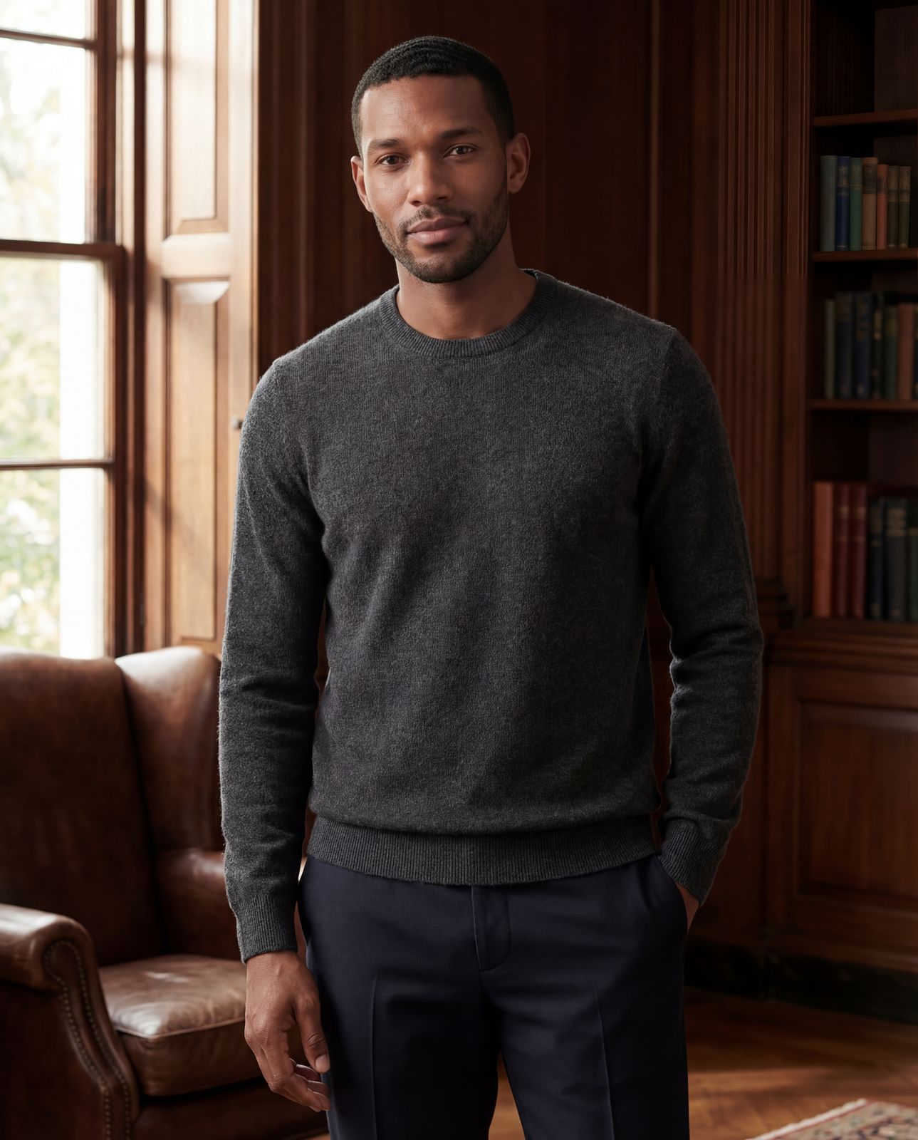 a man standing in front of a brown chair