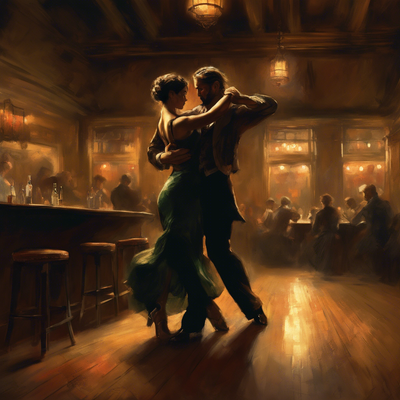 a painting of a couple dancing in a bar