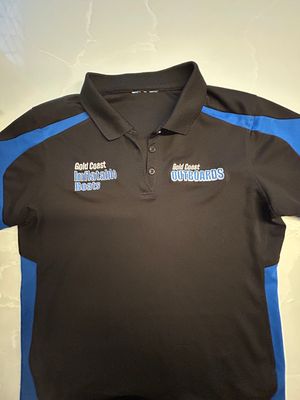 a black and blue polo shirt with a white and blue stripe