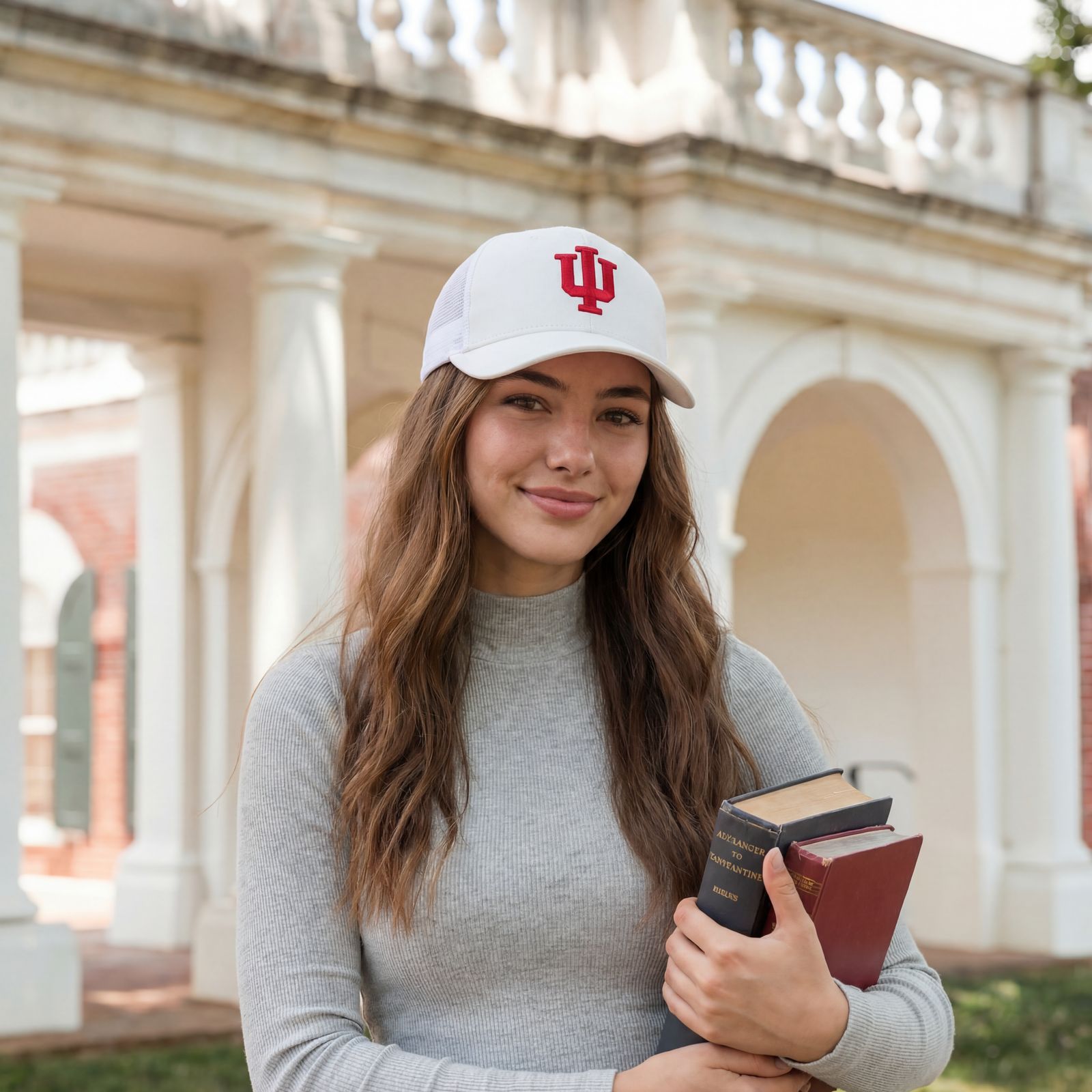 a woman holding a book in front of a building