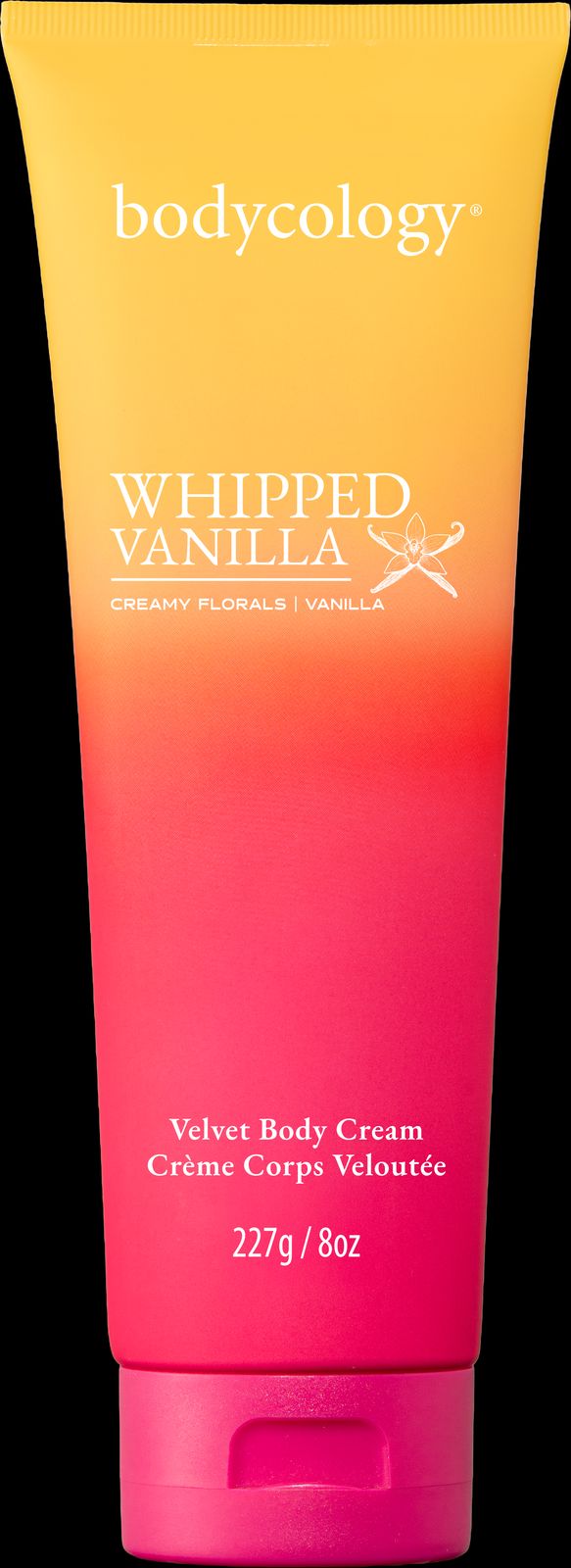 a tube of whipped vanilla body cream on a black background