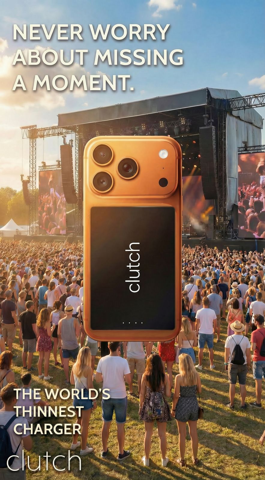 a crowd of people standing around an orange cell phone