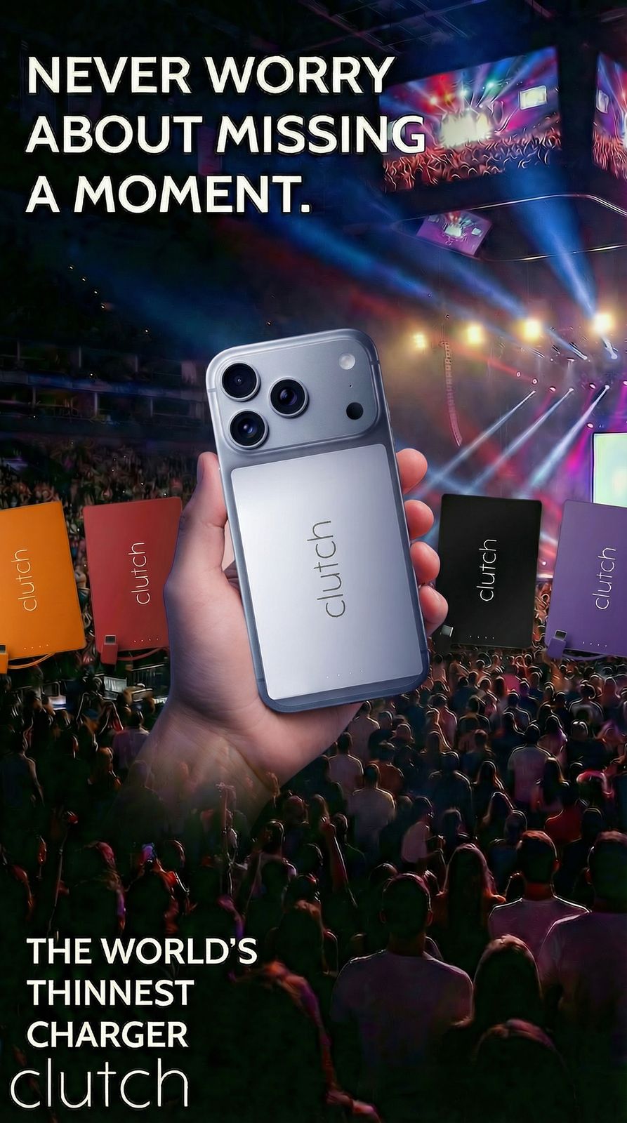 a person holding a cell phone in front of a crowd