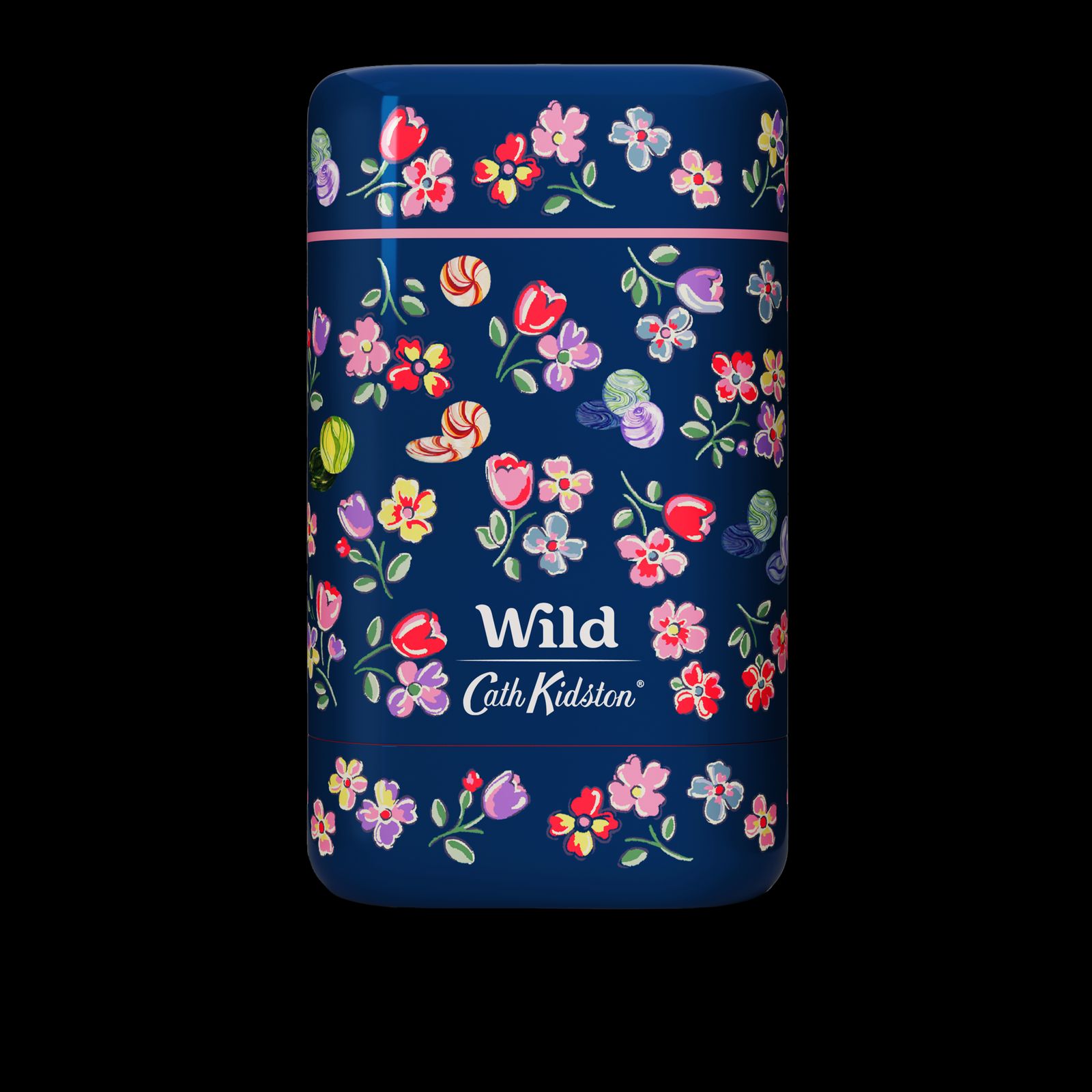 a blue canister with flowers on it