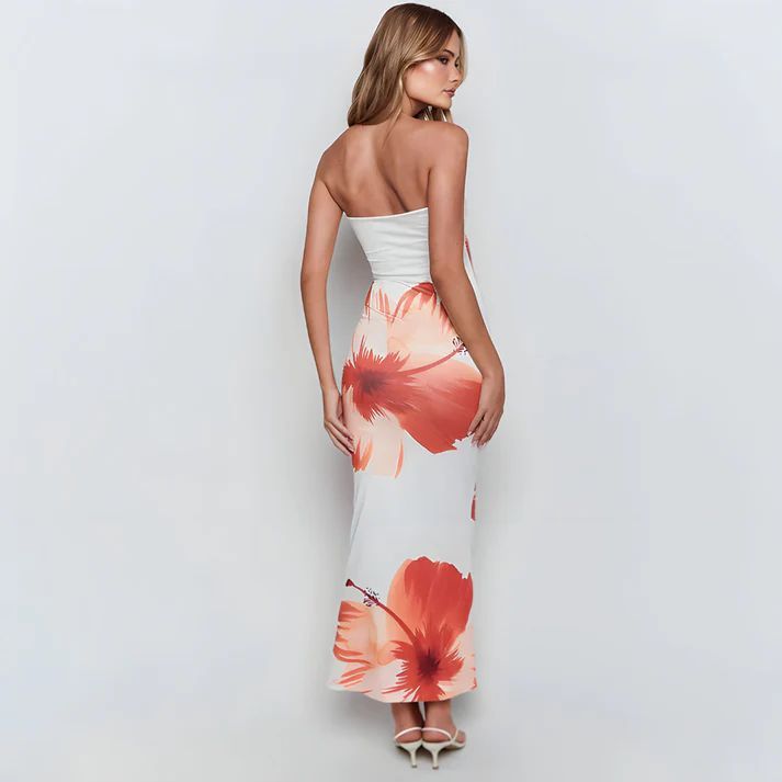 a woman in a white and red dress