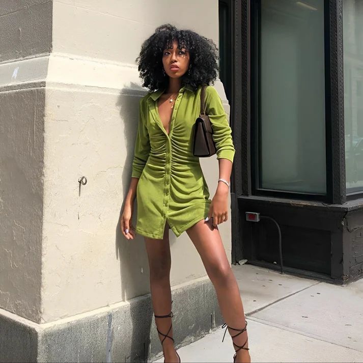 a woman in a green dress leaning against a building