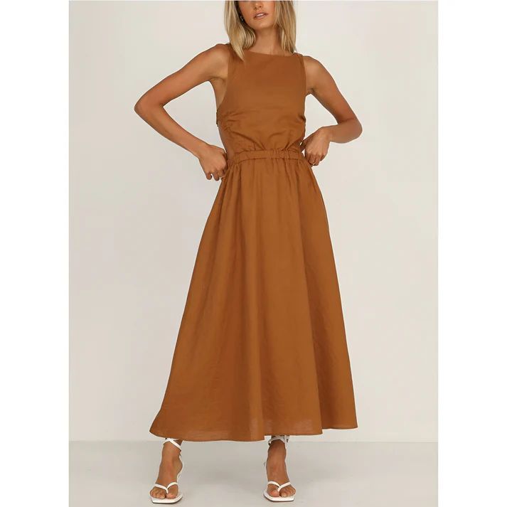 a woman is wearing a brown dress