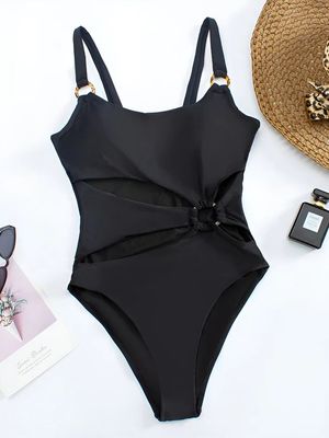 a black one piece swimsuit with a bow at the back