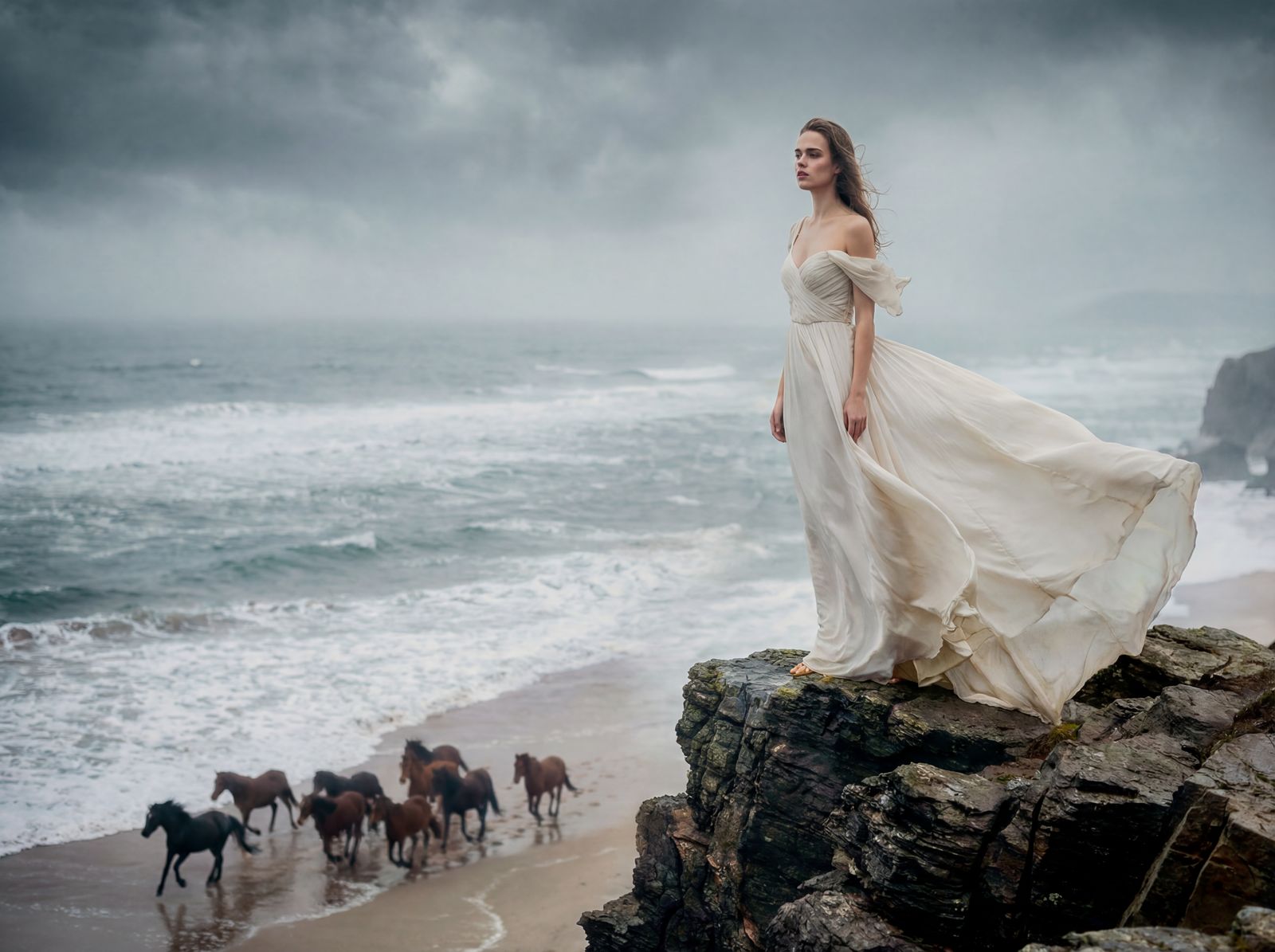 a woman in a white dress standing on a rocky beach