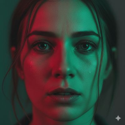 a woman with green and red lighting on her face
