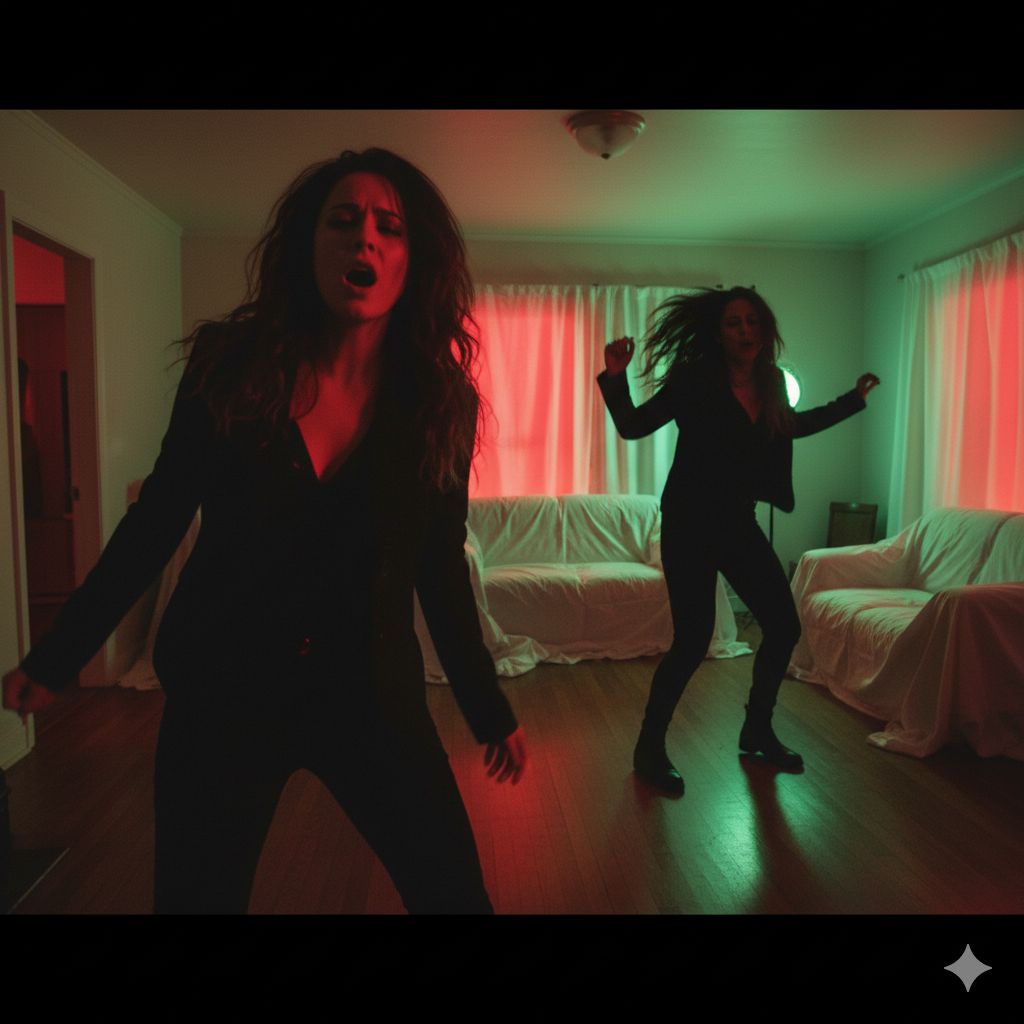 two women are dancing in a dark room