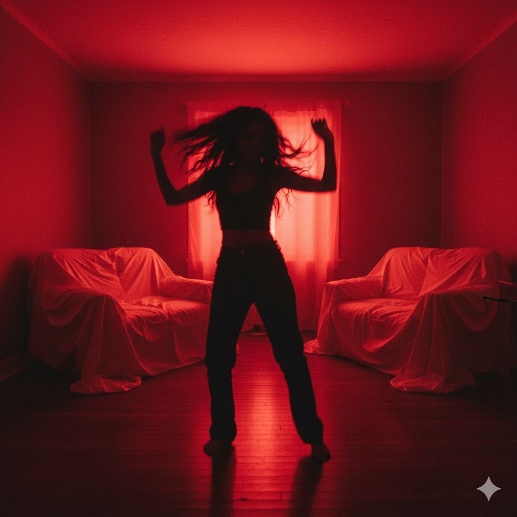 a woman standing in a room with a red light