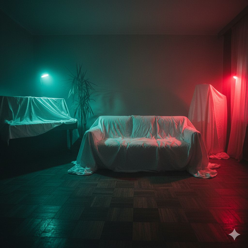 a living room with a couch and two lights