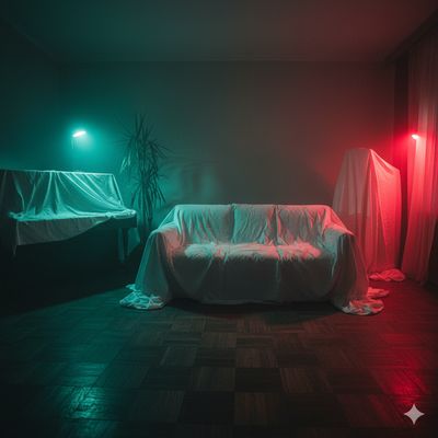a living room with a couch and two lights