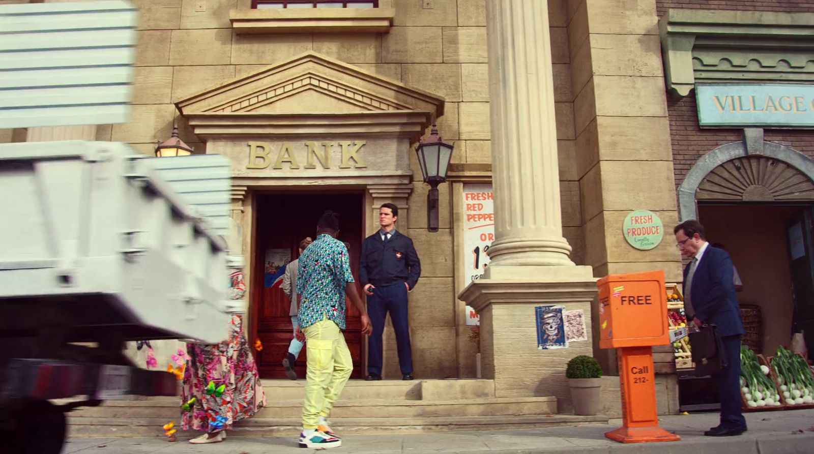 a group of men standing outside of a bank