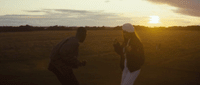 a couple of people standing on top of a lush green field