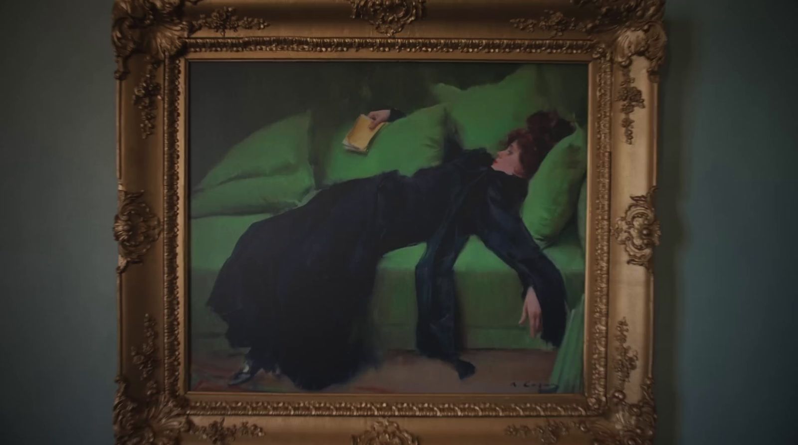 a painting of a woman in a black dress