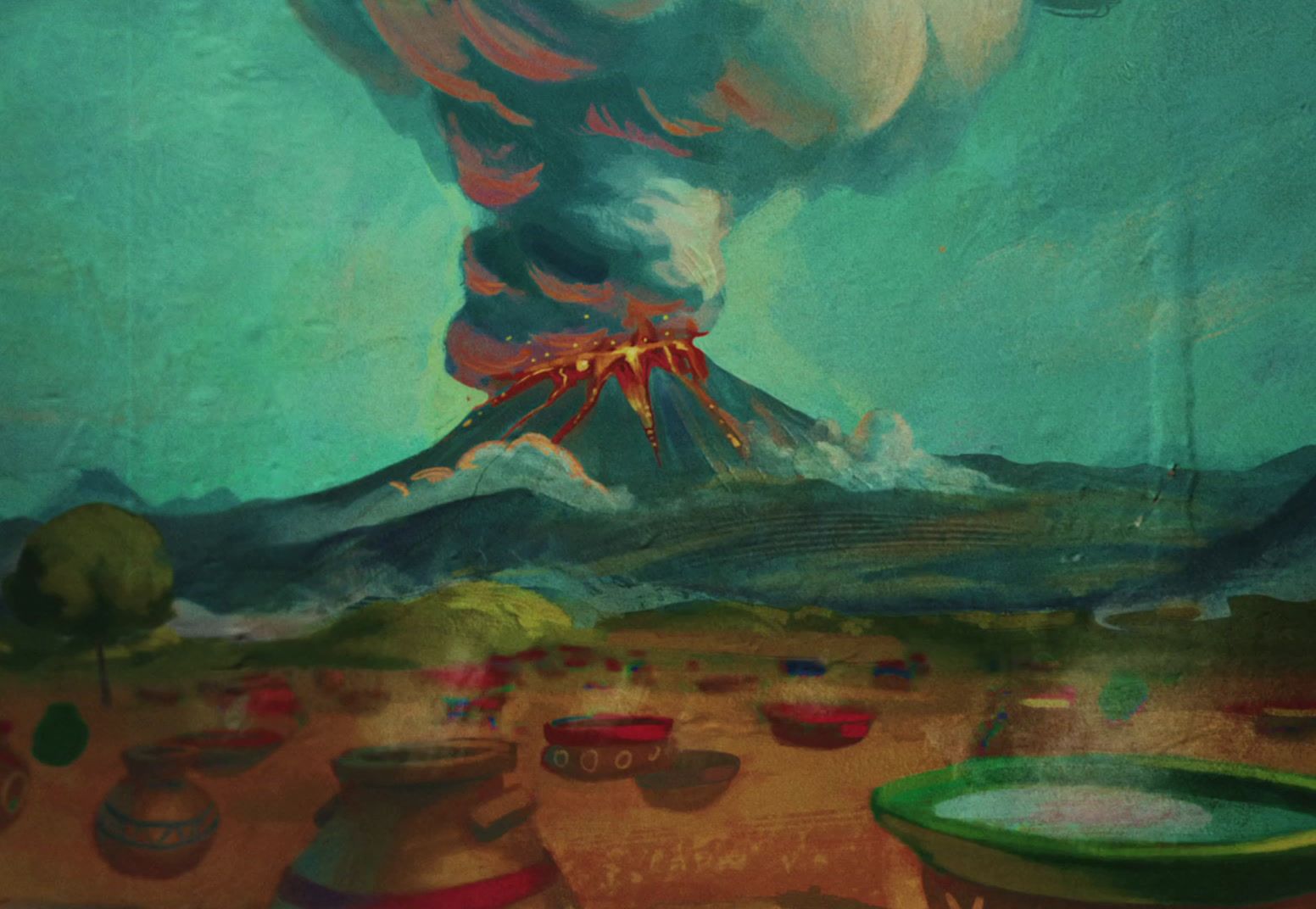 a painting of a volcano spewing smoke into the sky