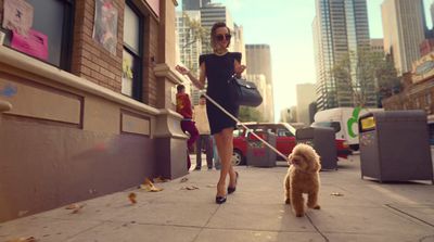 a woman walking a dog down a sidewalk