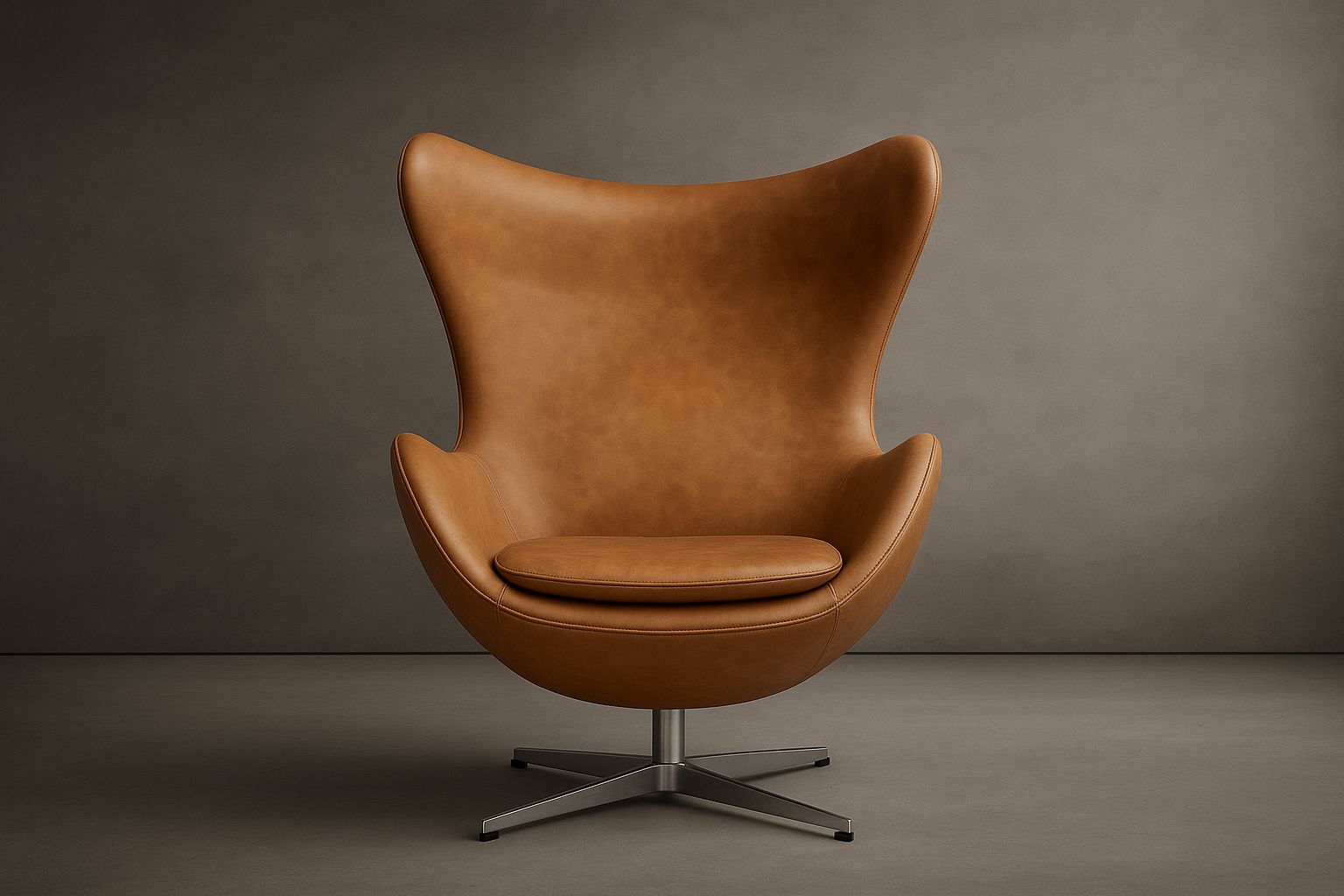 a brown leather egg chair sitting on top of a metal base