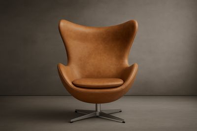 a brown leather egg chair sitting on top of a metal base