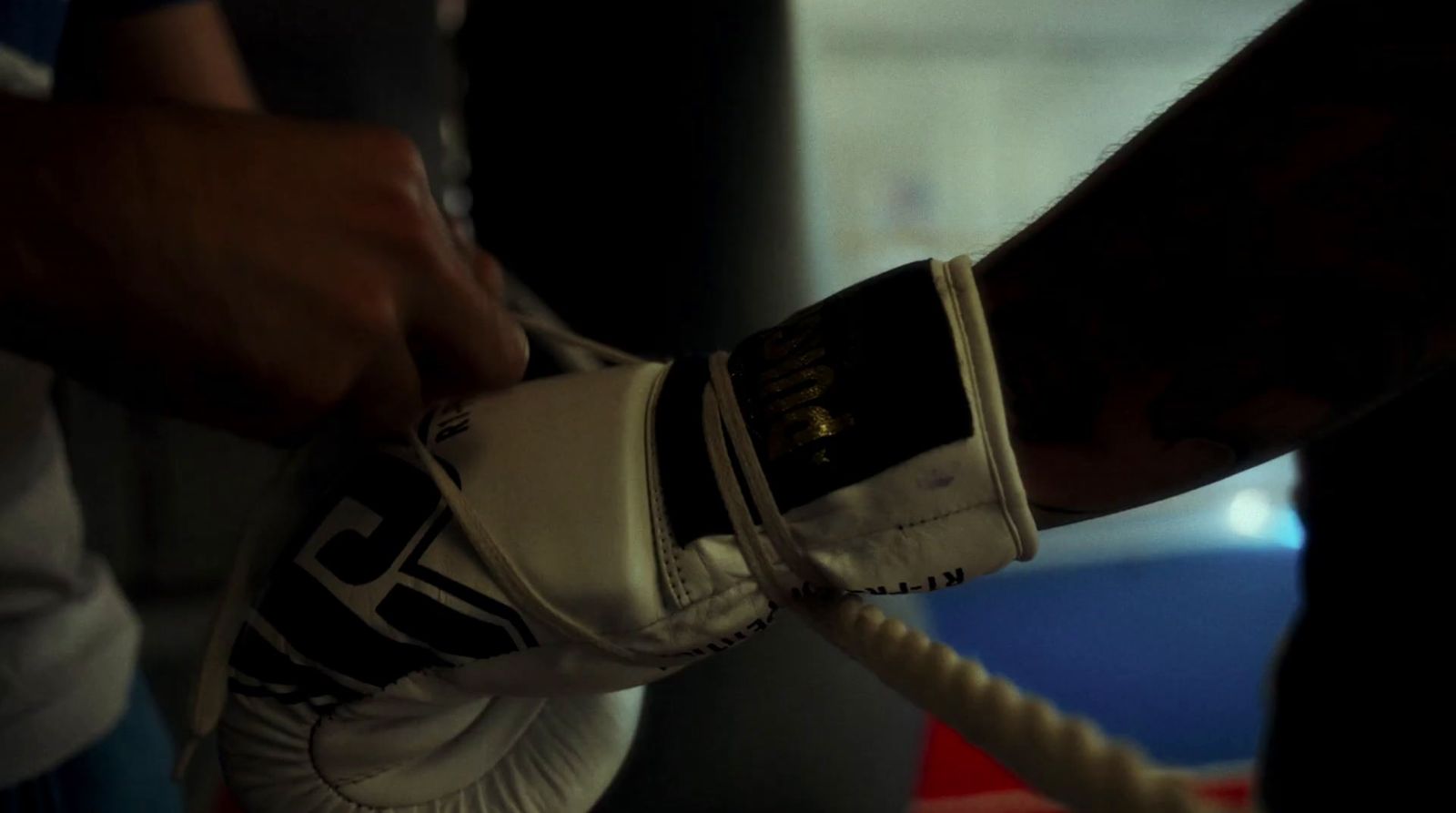 a close up of a person wearing boxing gloves